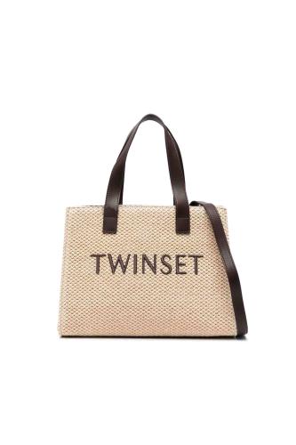 Twinset γυναικεία τσάντα ώμου raffia με κεντημένο λογότυπο - 241TB7023 Μπεζ